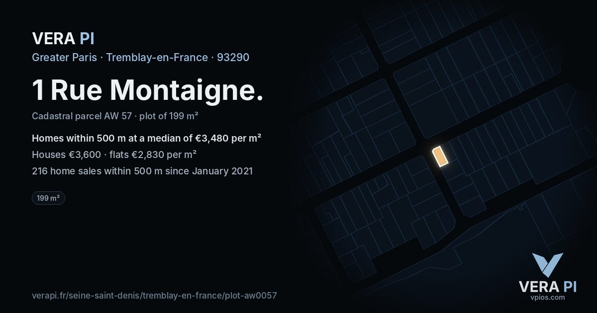 1 Rue Montaigne, Tremblay-en-France at night – the plot lit, the parcels around coloured by the prices near them