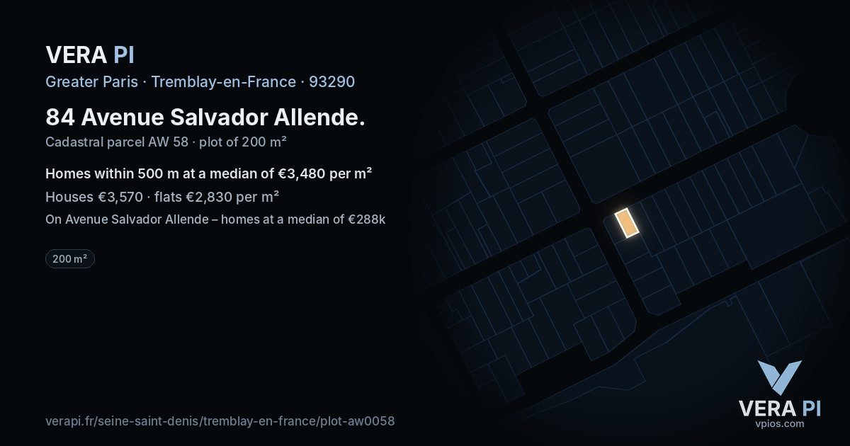 84 Avenue Salvador Allende, Tremblay-en-France at night – the plot lit, the parcels around coloured by the prices near them