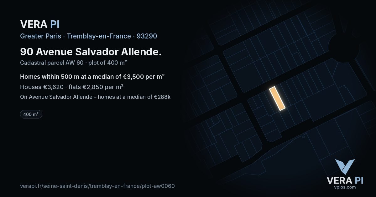 90 Avenue Salvador Allende, Tremblay-en-France at night – the plot lit, the parcels around coloured by the prices near them