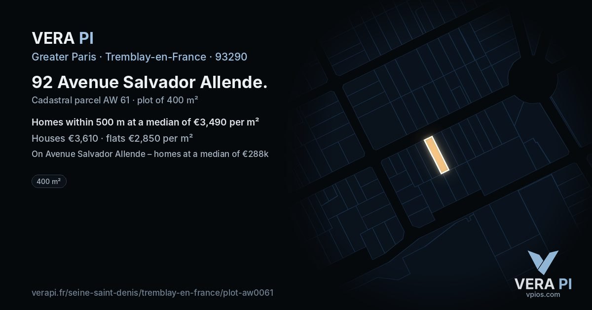 92 Avenue Salvador Allende, Tremblay-en-France at night – the plot lit, the parcels around coloured by the prices near them
