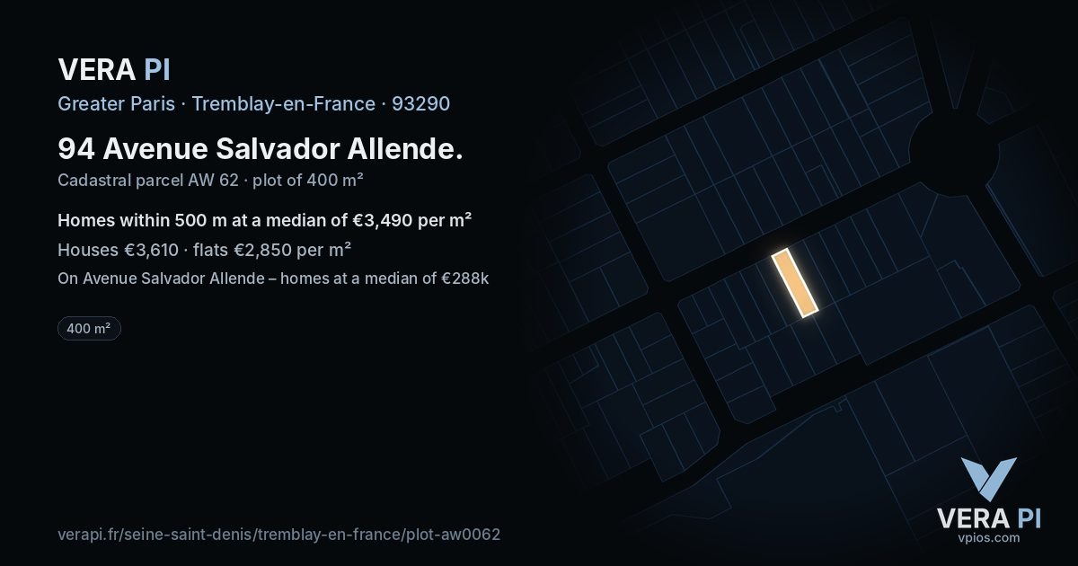 94 Avenue Salvador Allende, Tremblay-en-France at night – the plot lit, the parcels around coloured by the prices near them