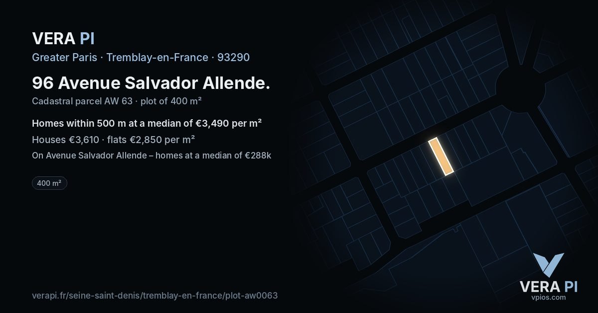 96 Avenue Salvador Allende, Tremblay-en-France at night – the plot lit, the parcels around coloured by the prices near them