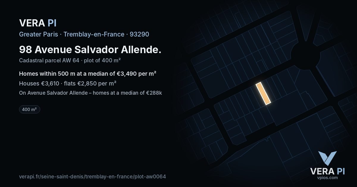 98 Avenue Salvador Allende, Tremblay-en-France at night – the plot lit, the parcels around coloured by the prices near them