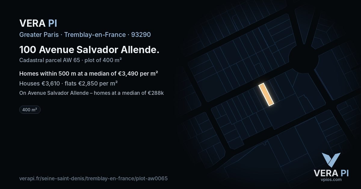 100 Avenue Salvador Allende, Tremblay-en-France at night – the plot lit, the parcels around coloured by the prices near them