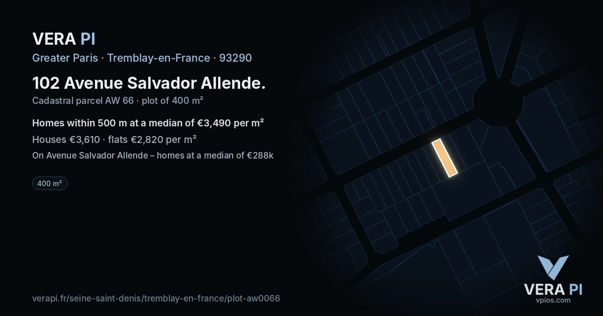 102 Avenue Salvador Allende, Tremblay-en-France at night – the plot lit, the parcels around coloured by the prices near them
