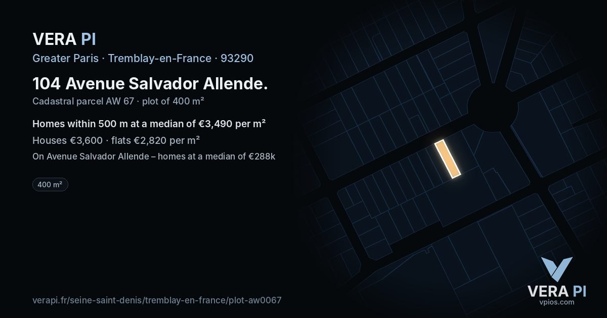 104 Avenue Salvador Allende, Tremblay-en-France at night – the plot lit, the parcels around coloured by the prices near them