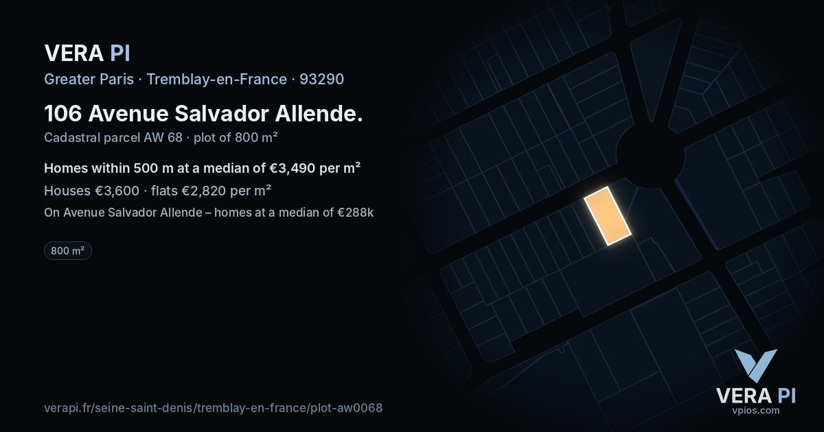 106 Avenue Salvador Allende, Tremblay-en-France at night – the plot lit, the parcels around coloured by the prices near them