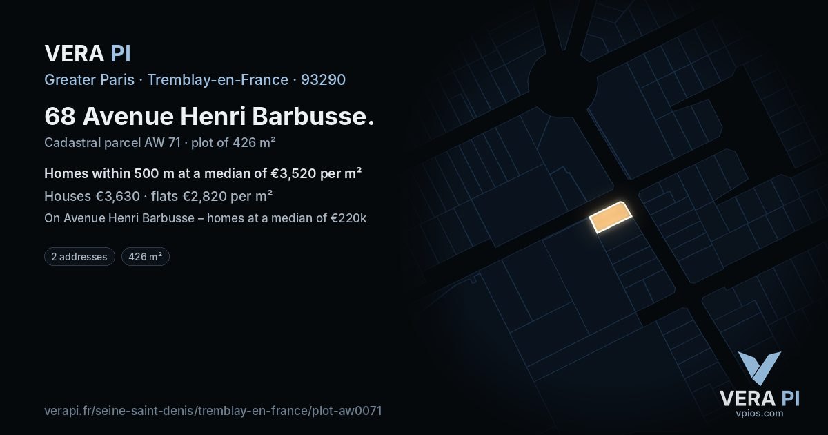 68 Avenue Henri Barbusse, Tremblay-en-France at night – the plot lit, the parcels around coloured by the prices near them