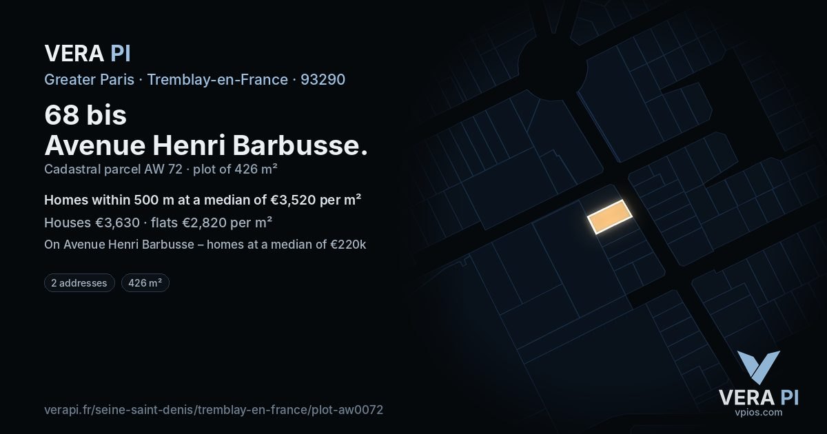 68 bis Avenue Henri Barbusse, Tremblay-en-France at night – the plot lit, the parcels around coloured by the prices near them