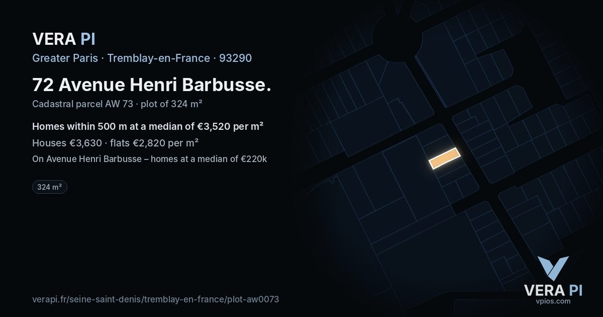 72 Avenue Henri Barbusse, Tremblay-en-France at night – the plot lit, the parcels around coloured by the prices near them