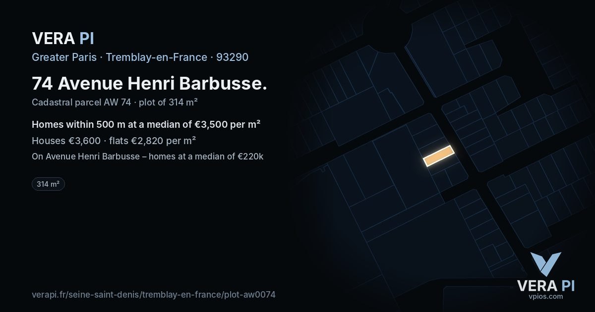 74 Avenue Henri Barbusse, Tremblay-en-France at night – the plot lit, the parcels around coloured by the prices near them