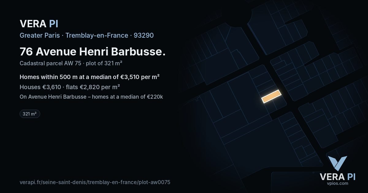 76 Avenue Henri Barbusse, Tremblay-en-France at night – the plot lit, the parcels around coloured by the prices near them