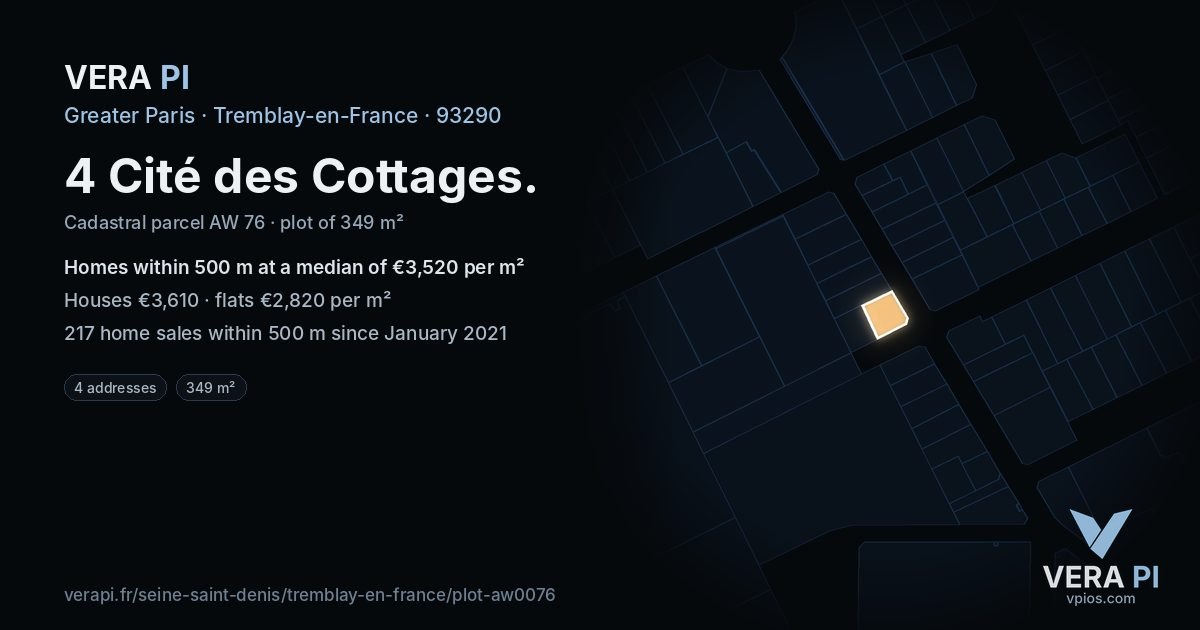4 Cité des Cottages, Tremblay-en-France at night – the plot lit, the parcels around coloured by the prices near them