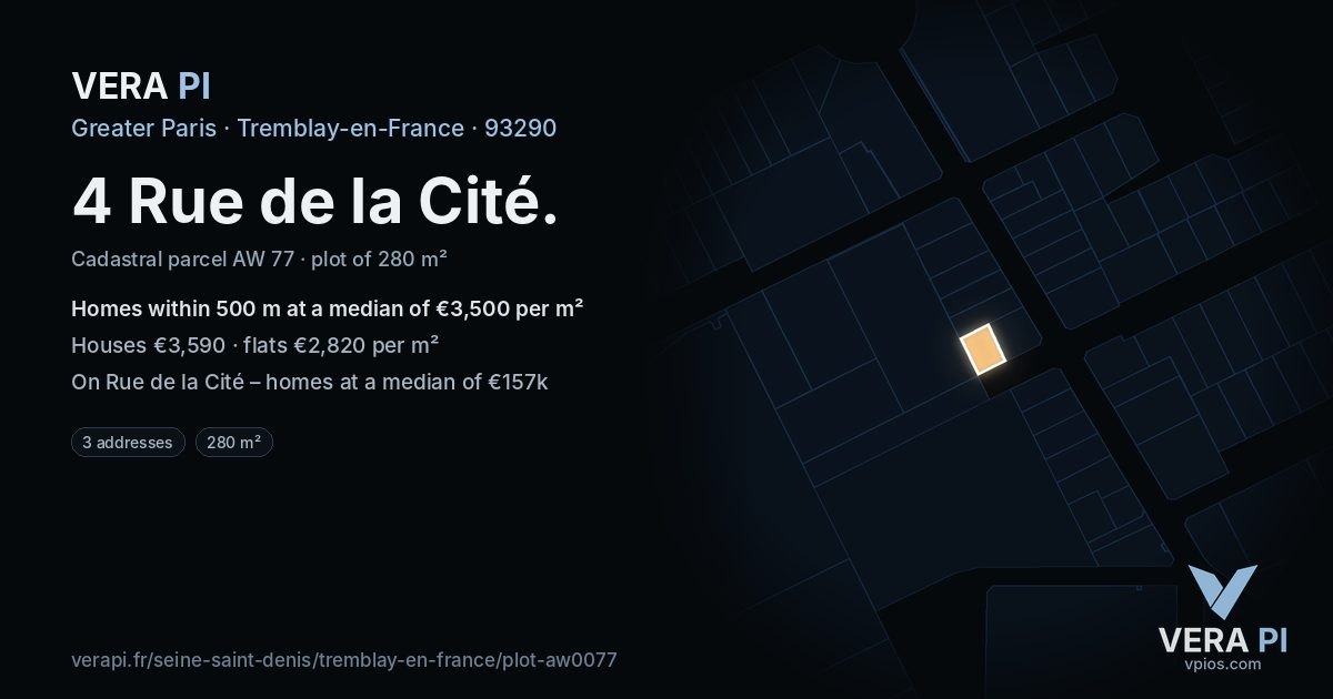 4 Rue de la Cité, Tremblay-en-France at night – the plot lit, the parcels around coloured by the prices near them