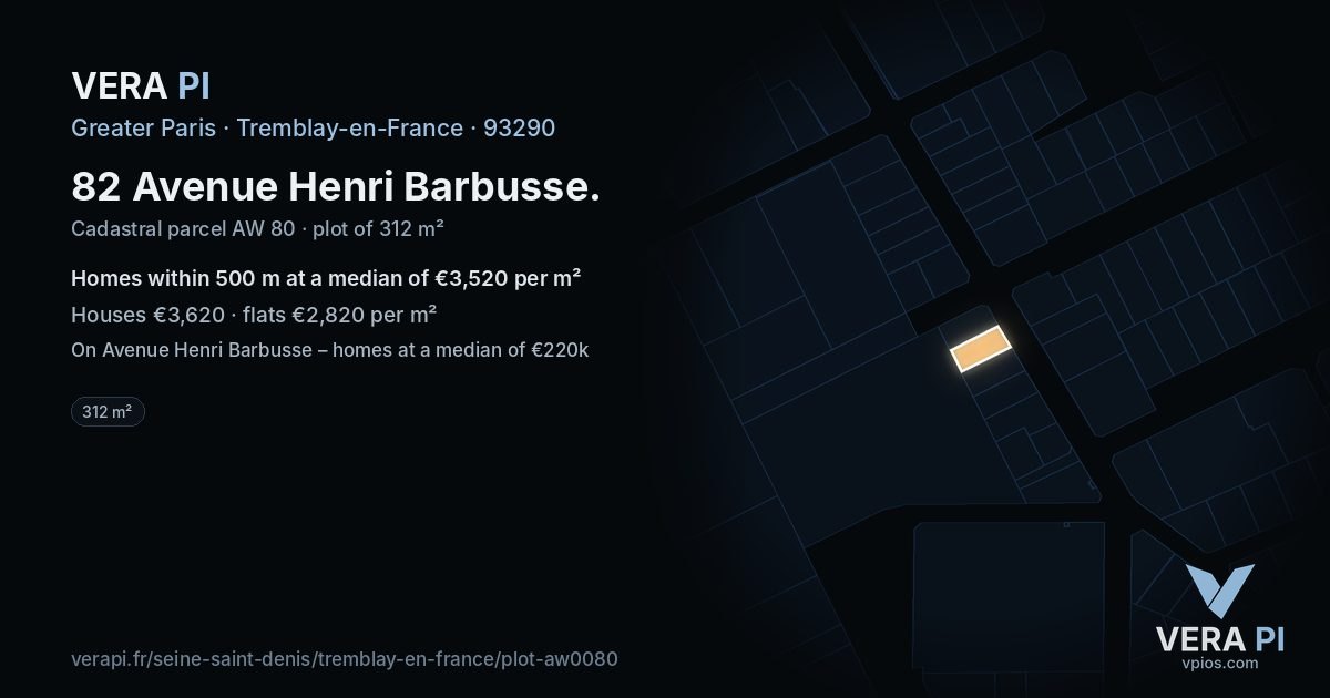 82 Avenue Henri Barbusse, Tremblay-en-France at night – the plot lit, the parcels around coloured by the prices near them