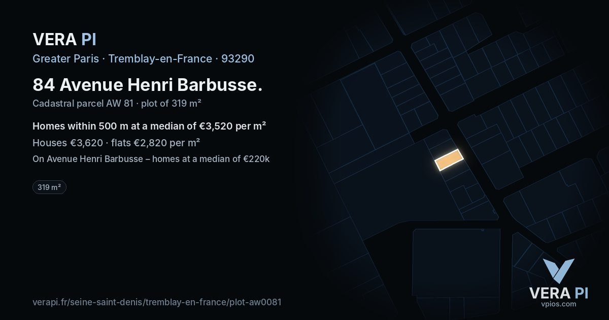 84 Avenue Henri Barbusse, Tremblay-en-France at night – the plot lit, the parcels around coloured by the prices near them