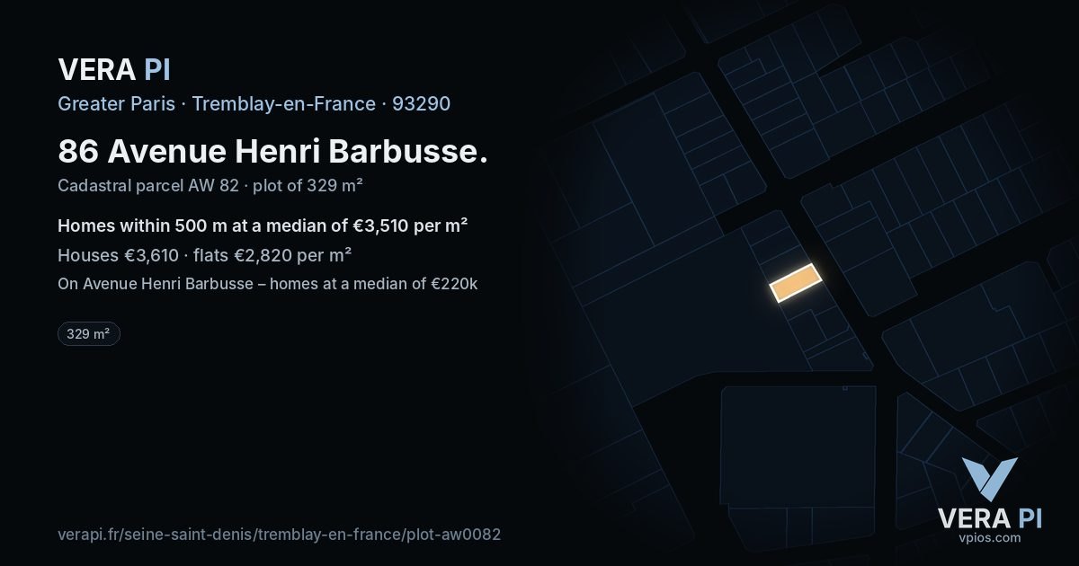 86 Avenue Henri Barbusse, Tremblay-en-France at night – the plot lit, the parcels around coloured by the prices near them