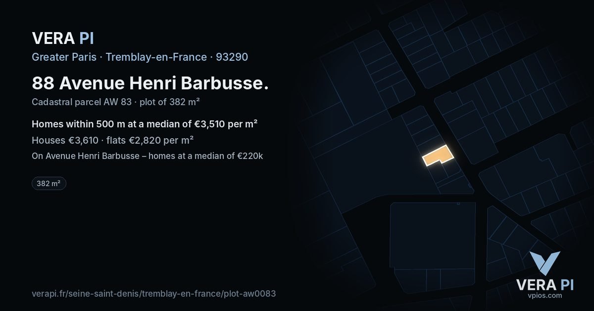 88 Avenue Henri Barbusse, Tremblay-en-France at night – the plot lit, the parcels around coloured by the prices near them