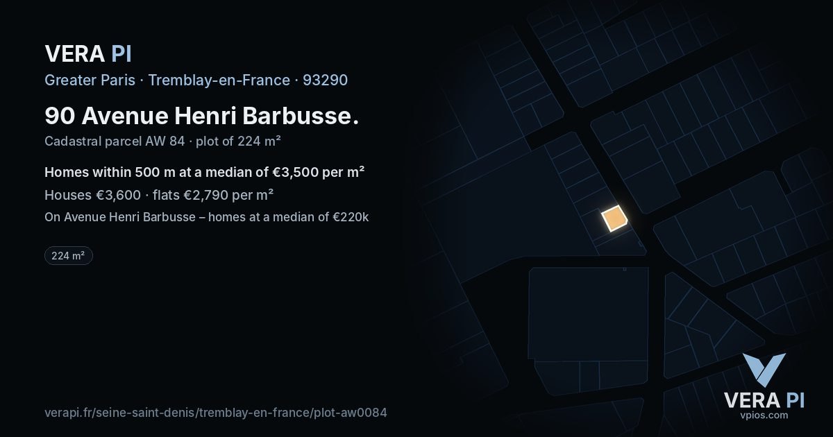 90 Avenue Henri Barbusse, Tremblay-en-France at night – the plot lit, the parcels around coloured by the prices near them