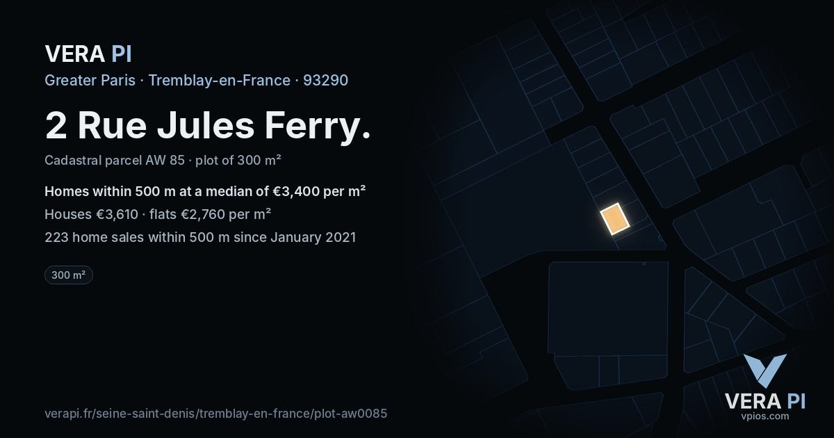 2 Rue Jules Ferry, Tremblay-en-France at night – the plot lit, the parcels around coloured by the prices near them