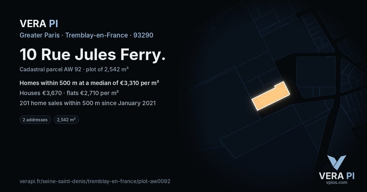10 Rue Jules Ferry, Tremblay-en-France at night – the plot lit, the parcels around coloured by the prices near them