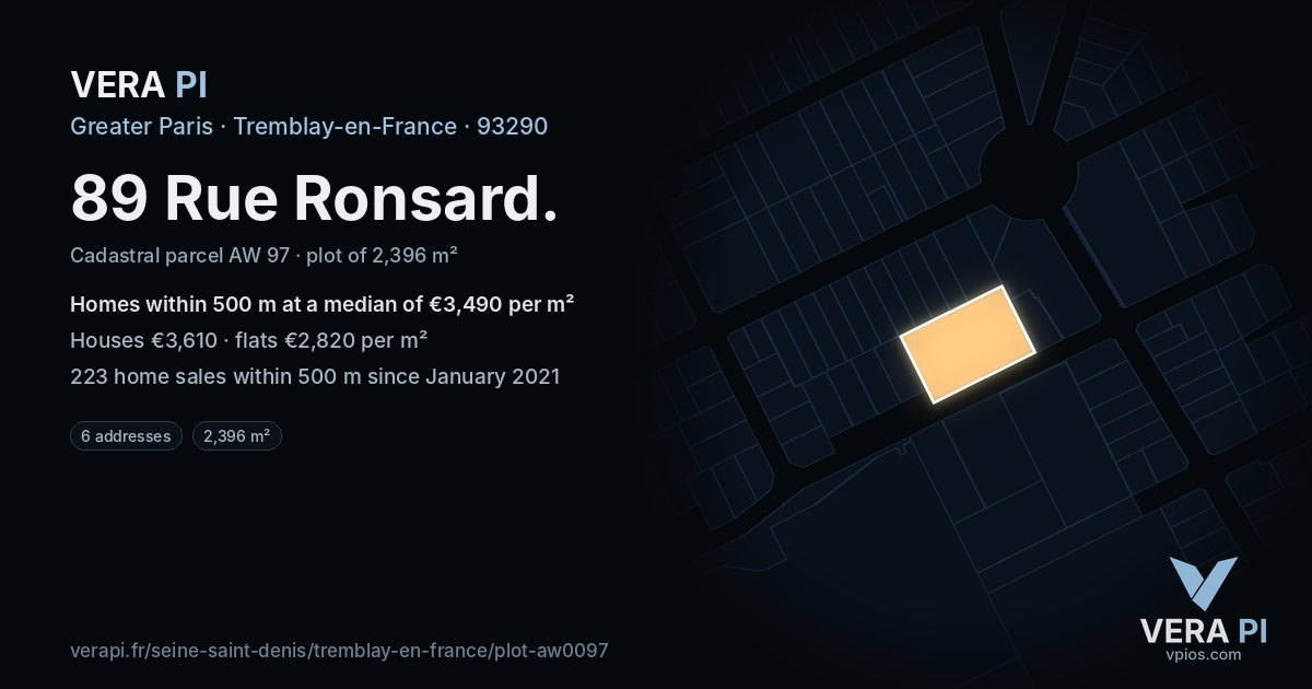 89 Rue Ronsard, Tremblay-en-France at night – the plot lit, the parcels around coloured by the prices near them