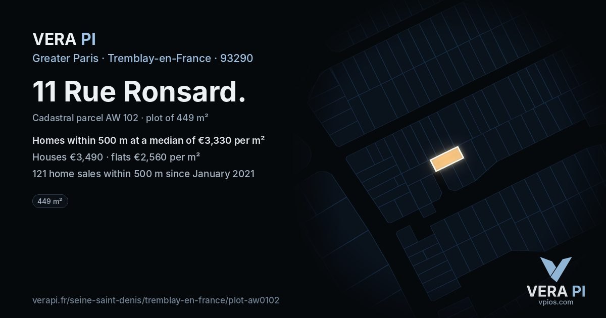 11 Rue Ronsard, Tremblay-en-France at night – the plot lit, the parcels around coloured by the prices near them