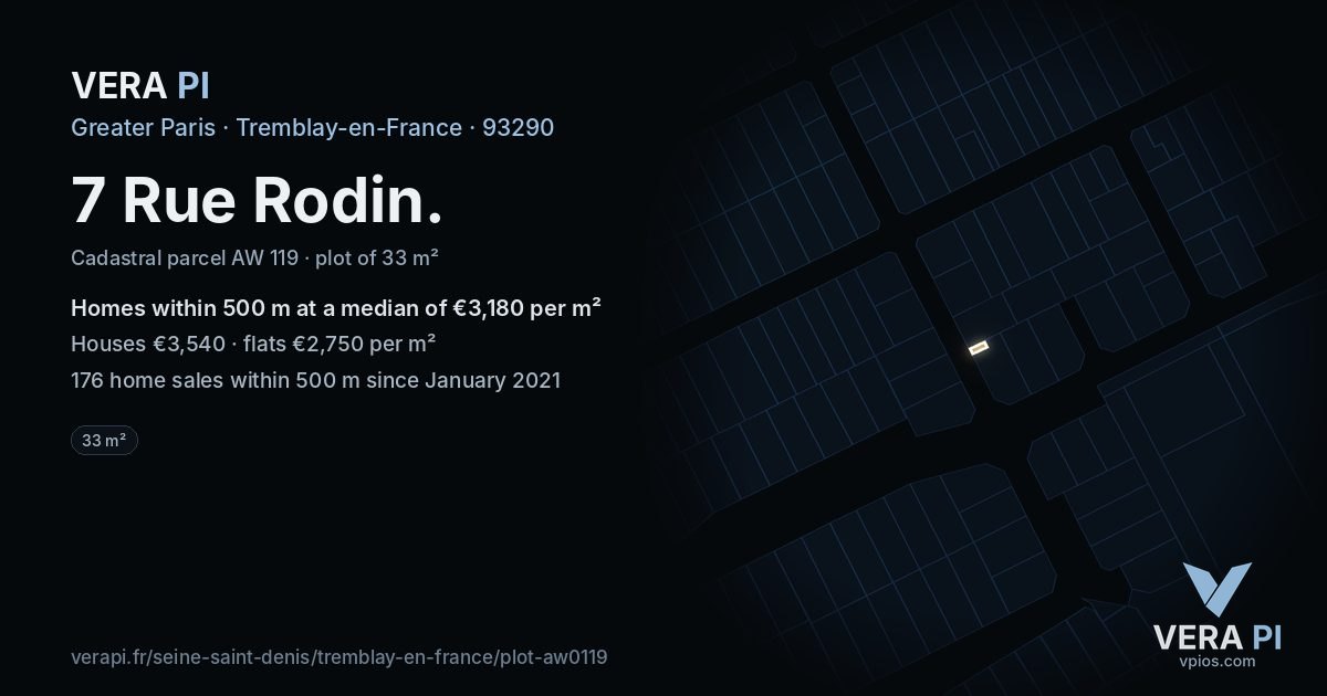 7 Rue Rodin, Tremblay-en-France at night – the plot lit, the parcels around coloured by the prices near them