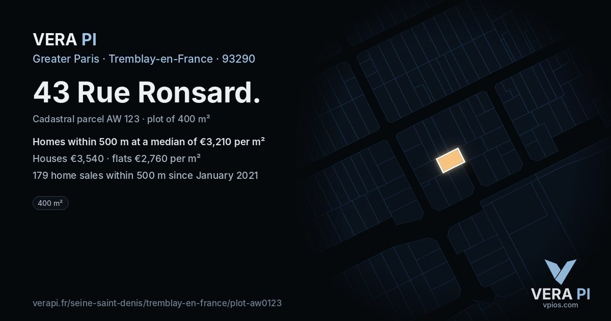 43 Rue Ronsard, Tremblay-en-France at night – the plot lit, the parcels around coloured by the prices near them