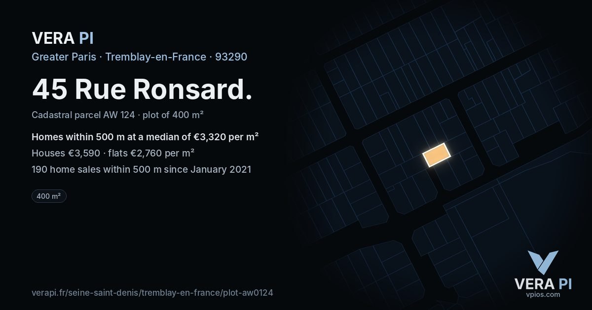 45 Rue Ronsard, Tremblay-en-France at night – the plot lit, the parcels around coloured by the prices near them