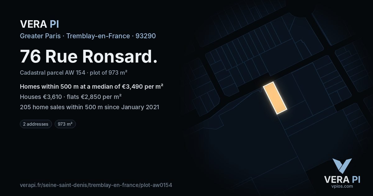 76 Rue Ronsard, Tremblay-en-France at night – the plot lit, the parcels around coloured by the prices near them