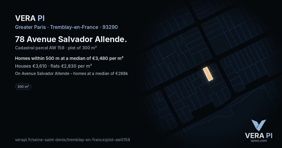 78 Avenue Salvador Allende, Tremblay-en-France at night – the plot lit, the parcels around coloured by the prices near them