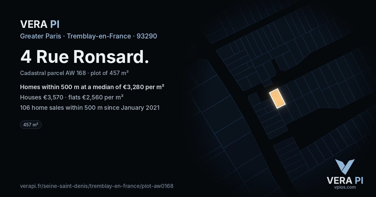 4 Rue Ronsard, Tremblay-en-France at night – the plot lit, the parcels around coloured by the prices near them