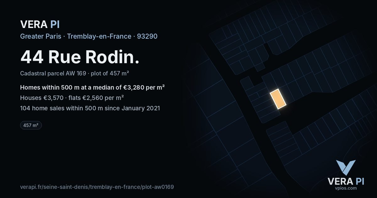 44 Rue Rodin, Tremblay-en-France at night – the plot lit, the parcels around coloured by the prices near them