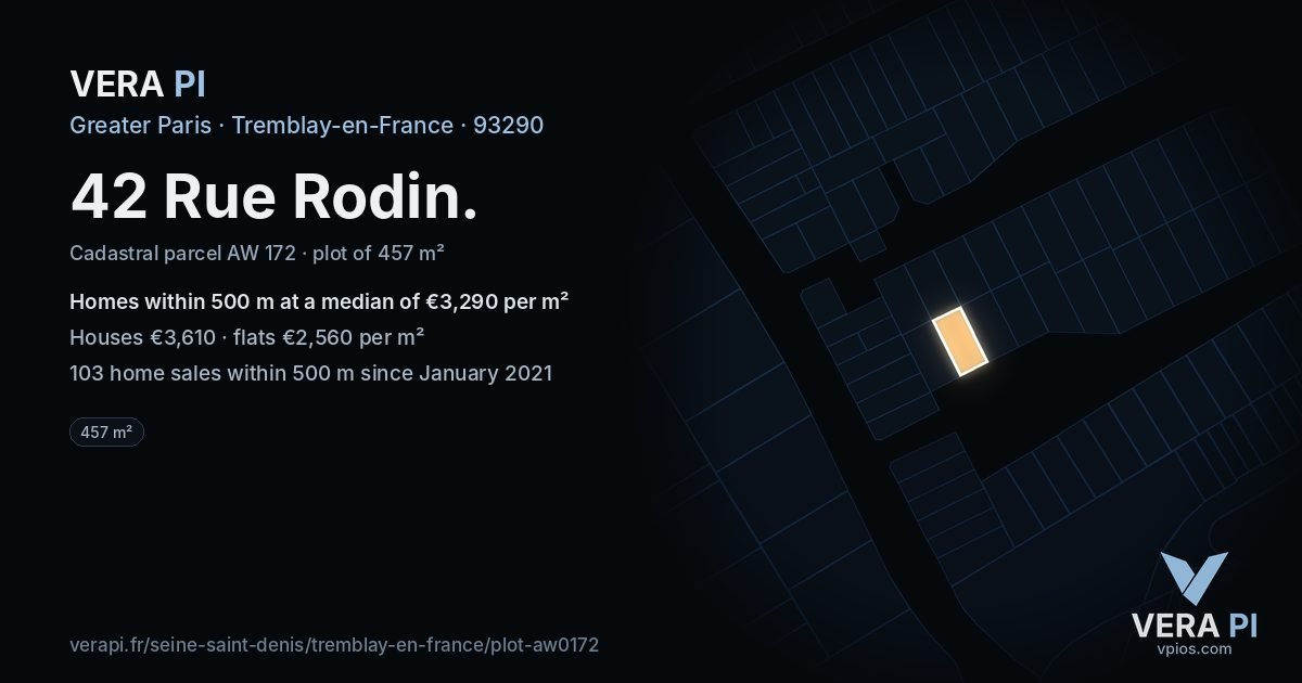42 Rue Rodin, Tremblay-en-France at night – the plot lit, the parcels around coloured by the prices near them
