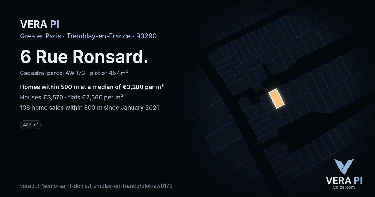 6 Rue Ronsard, Tremblay-en-France at night – the plot lit, the parcels around coloured by the prices near them