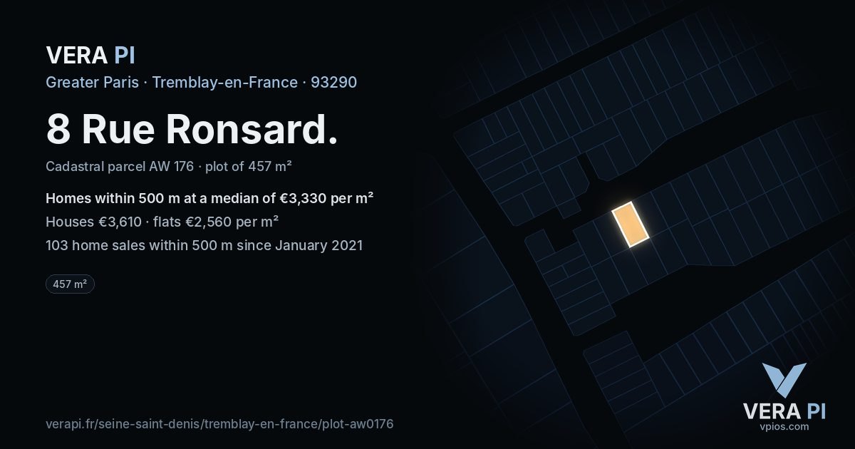 8 Rue Ronsard, Tremblay-en-France at night – the plot lit, the parcels around coloured by the prices near them