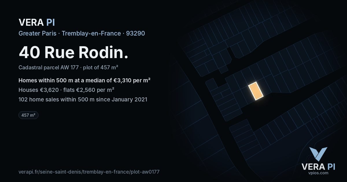 40 Rue Rodin, Tremblay-en-France at night – the plot lit, the parcels around coloured by the prices near them