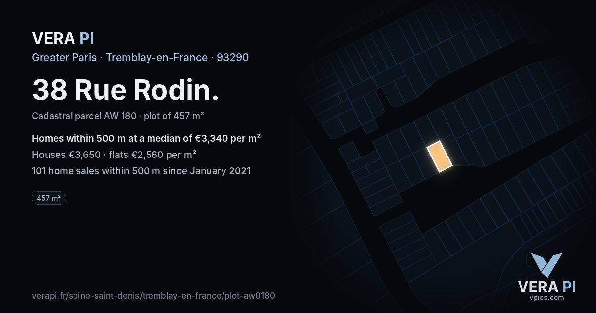 38 Rue Rodin, Tremblay-en-France at night – the plot lit, the parcels around coloured by the prices near them