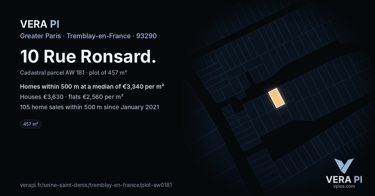 10 Rue Ronsard, Tremblay-en-France at night – the plot lit, the parcels around coloured by the prices near them