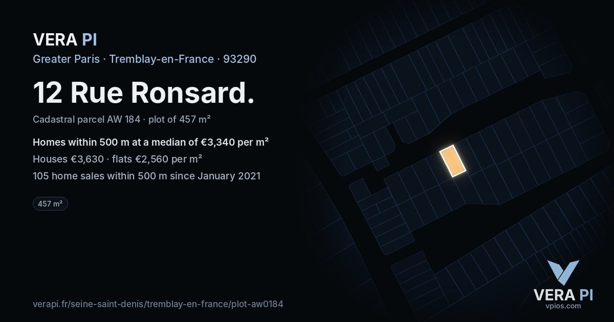 12 Rue Ronsard, Tremblay-en-France at night – the plot lit, the parcels around coloured by the prices near them