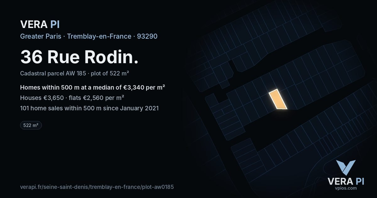 36 Rue Rodin, Tremblay-en-France at night – the plot lit, the parcels around coloured by the prices near them