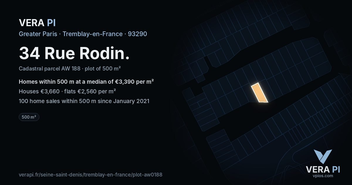 34 Rue Rodin, Tremblay-en-France at night – the plot lit, the parcels around coloured by the prices near them
