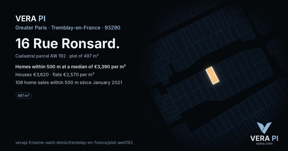 16 Rue Ronsard, Tremblay-en-France at night – the plot lit, the parcels around coloured by the prices near them