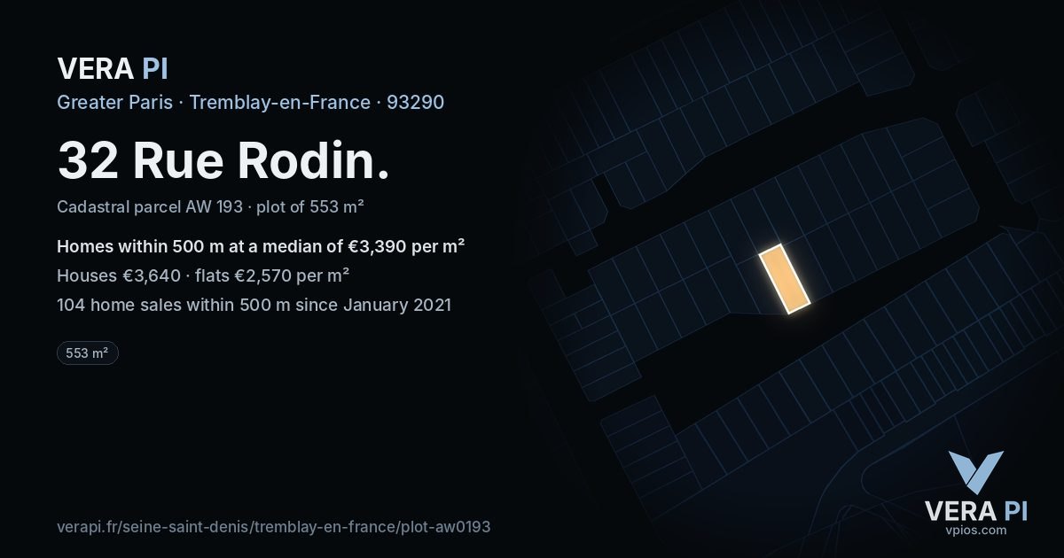 32 Rue Rodin, Tremblay-en-France at night – the plot lit, the parcels around coloured by the prices near them