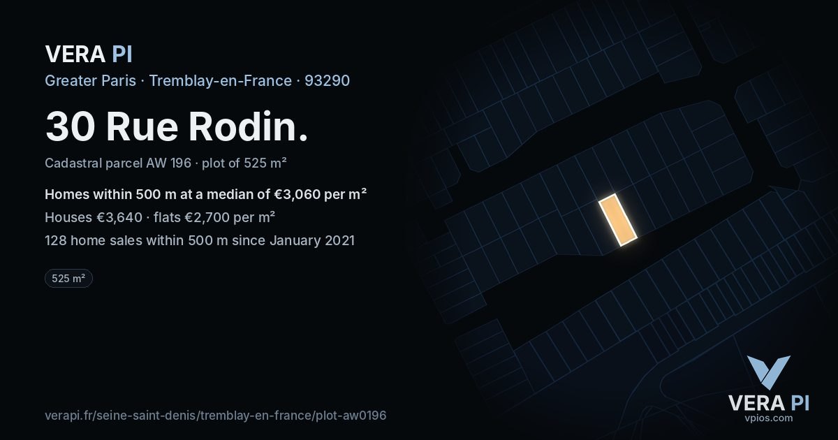 30 Rue Rodin, Tremblay-en-France at night – the plot lit, the parcels around coloured by the prices near them