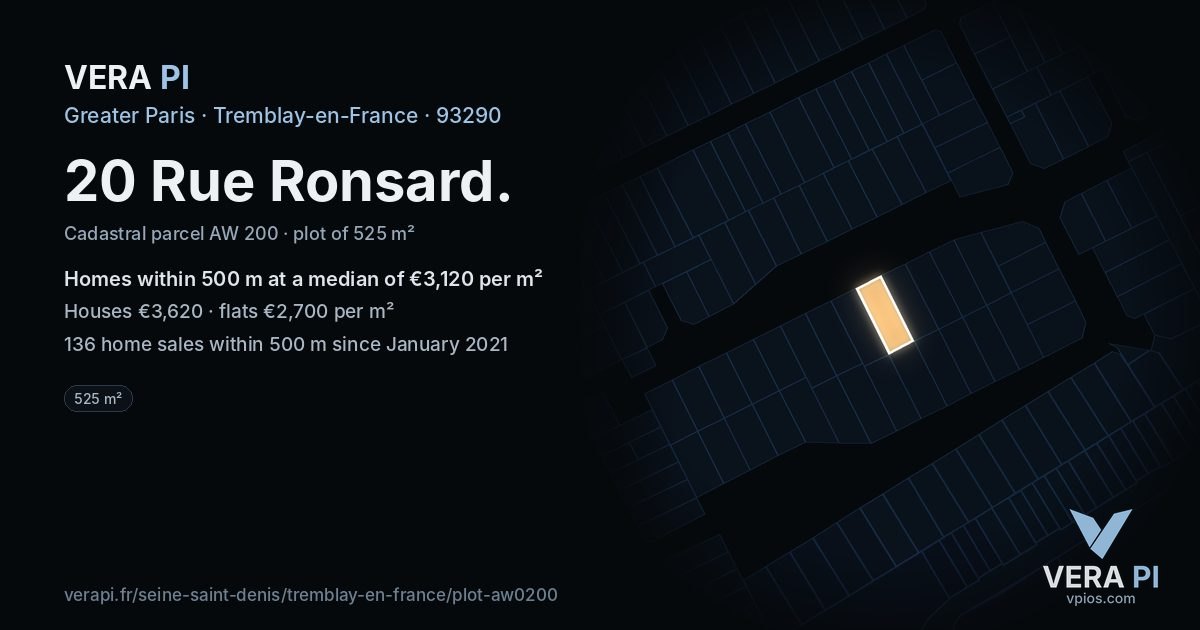20 Rue Ronsard, Tremblay-en-France at night – the plot lit, the parcels around coloured by the prices near them