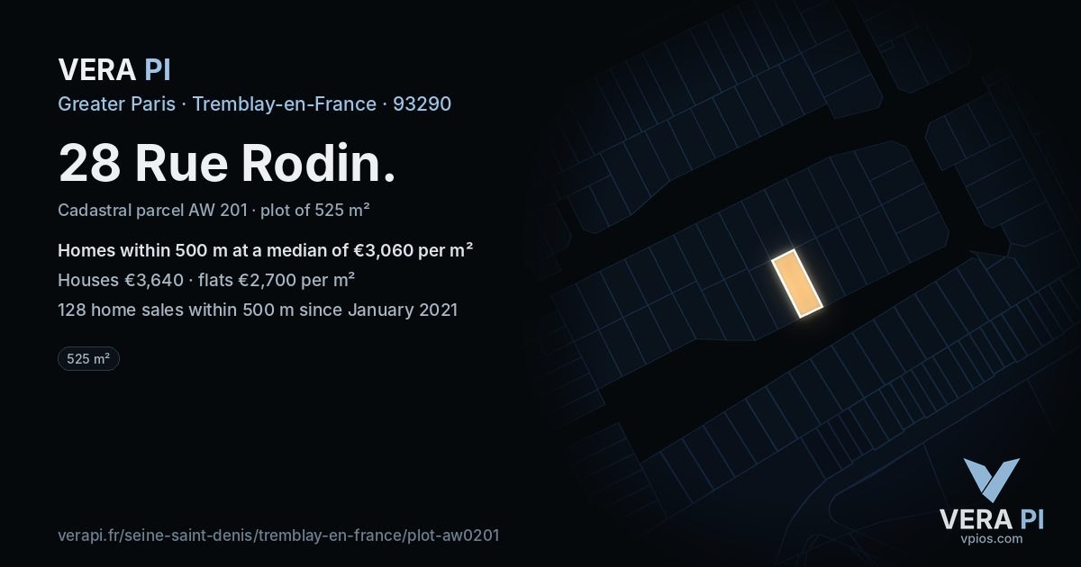 28 Rue Rodin, Tremblay-en-France at night – the plot lit, the parcels around coloured by the prices near them