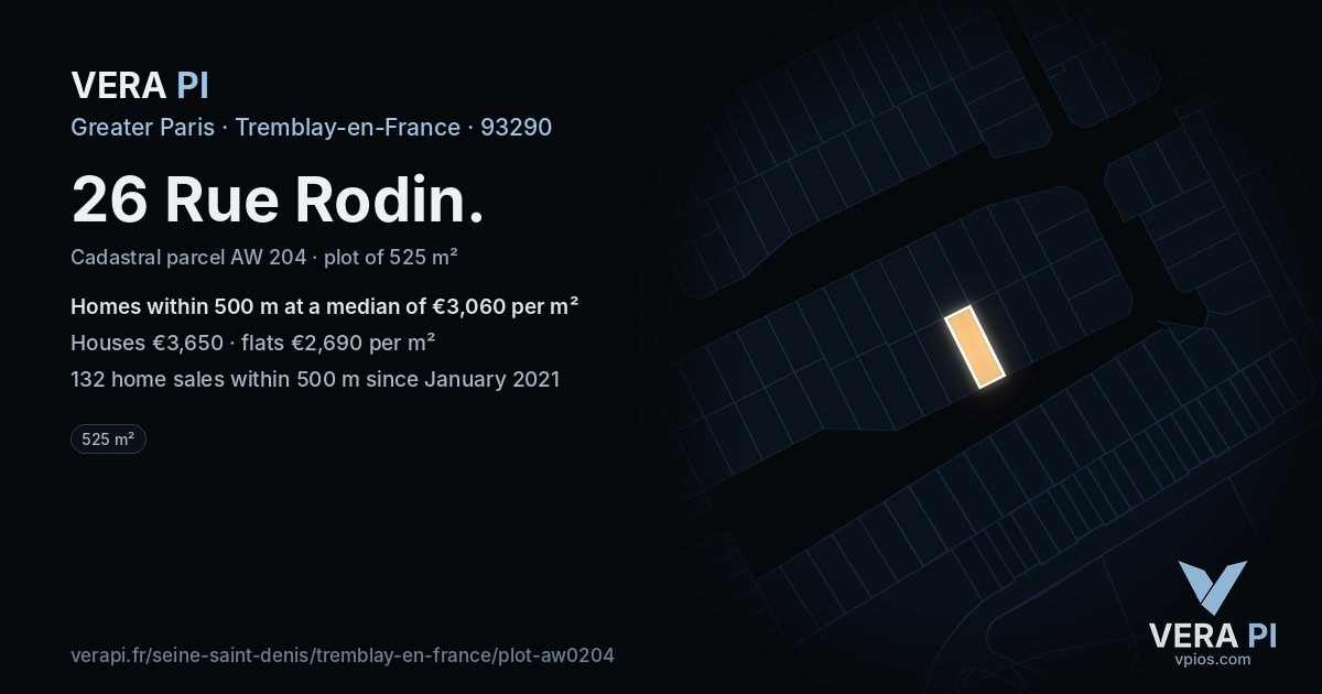 26 Rue Rodin, Tremblay-en-France at night – the plot lit, the parcels around coloured by the prices near them