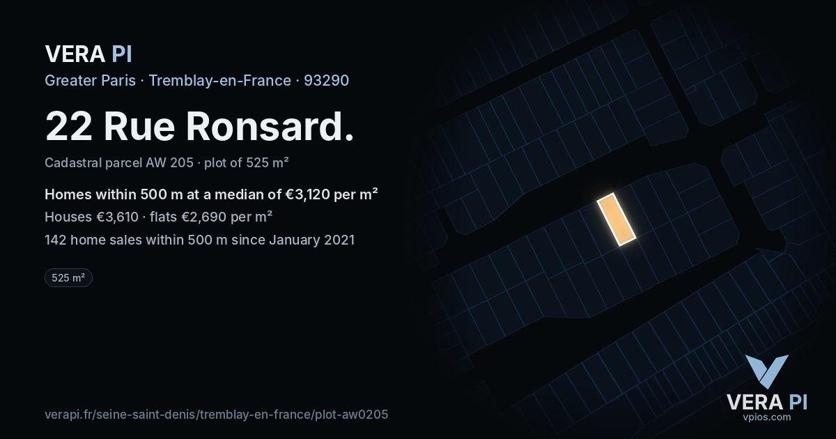 22 Rue Ronsard, Tremblay-en-France at night – the plot lit, the parcels around coloured by the prices near them